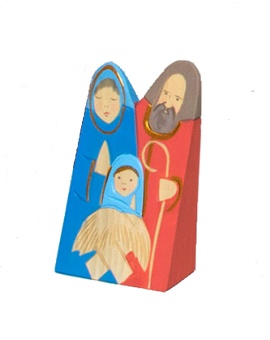 Josef med familj, trä, 13 cm, blå+röd