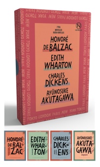 Presentask med stadsskildringar av Dickens, Wharton, Akutagawa + Balzac