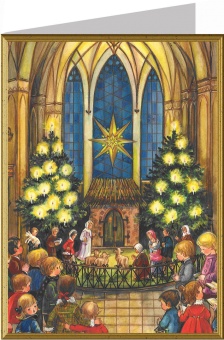 Julkort, Barn framför julkrubba i kyrka