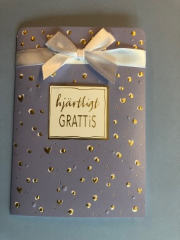 Hjärtligt GRATTIS, ljusblå m guldprickar