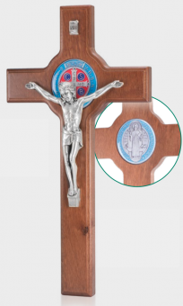 Benedictus-krucifix, 33cm, mörkt trä, färgad medalj